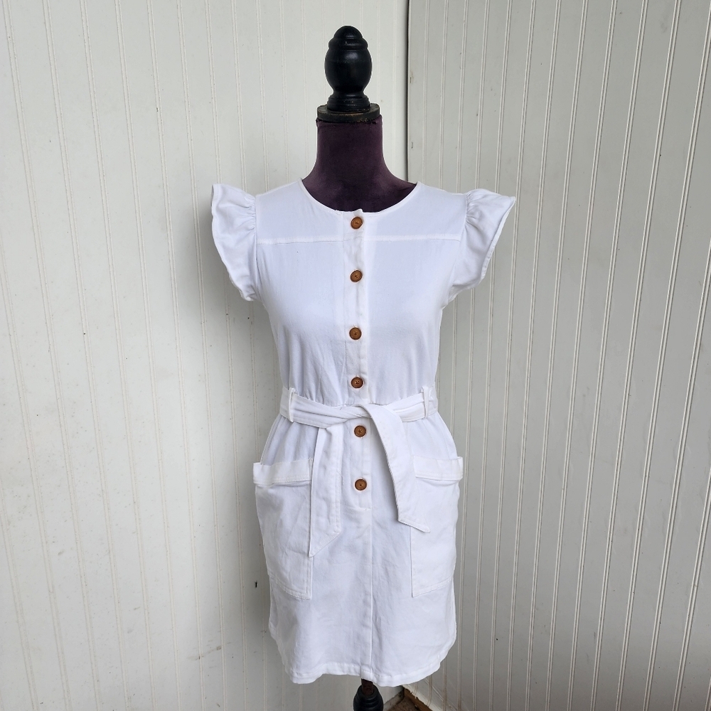 Copper Key Dress Girls White Ruffle Sleeveless Button Front Tie Belt Stretch XL